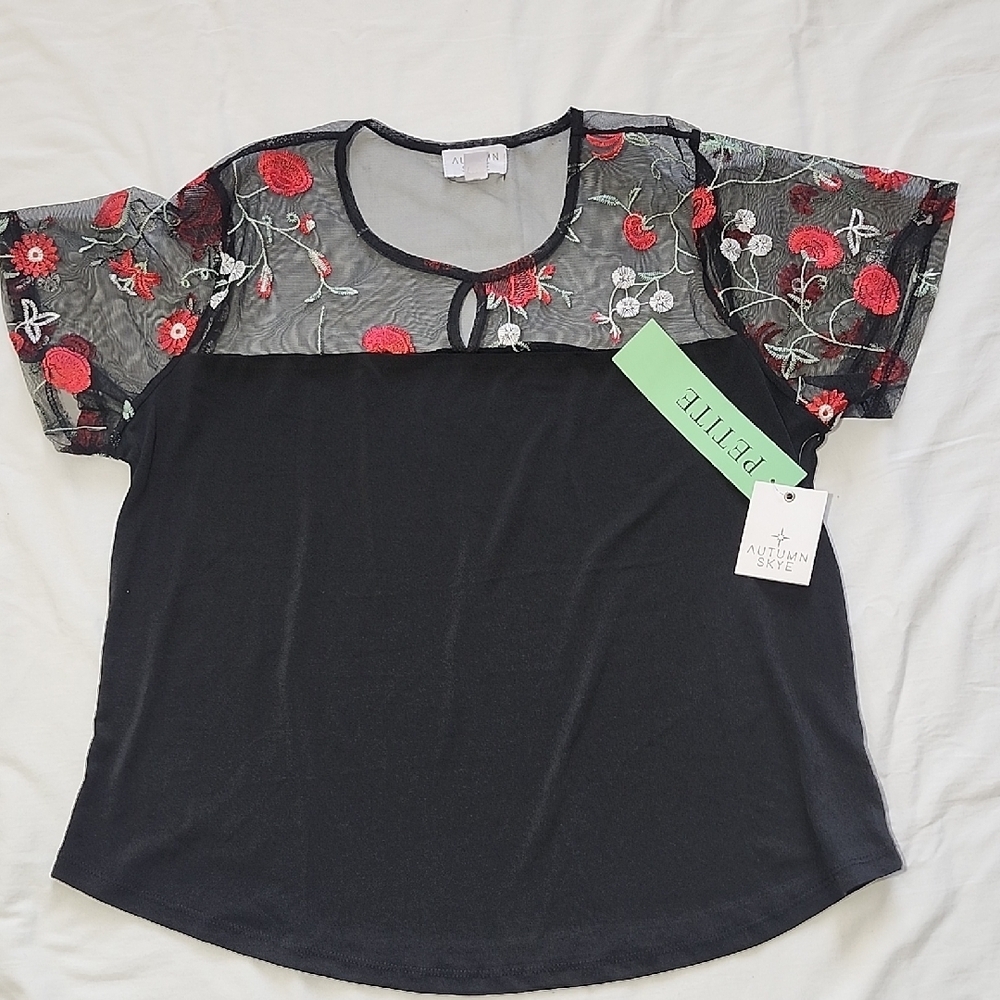 Autumn Skye Black Mesh Top Floral Embroidered Sheer Yoke Blouse Petite NWT
